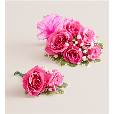 Hot Pink Spray Corsage & Bout -Hot Pink Bow